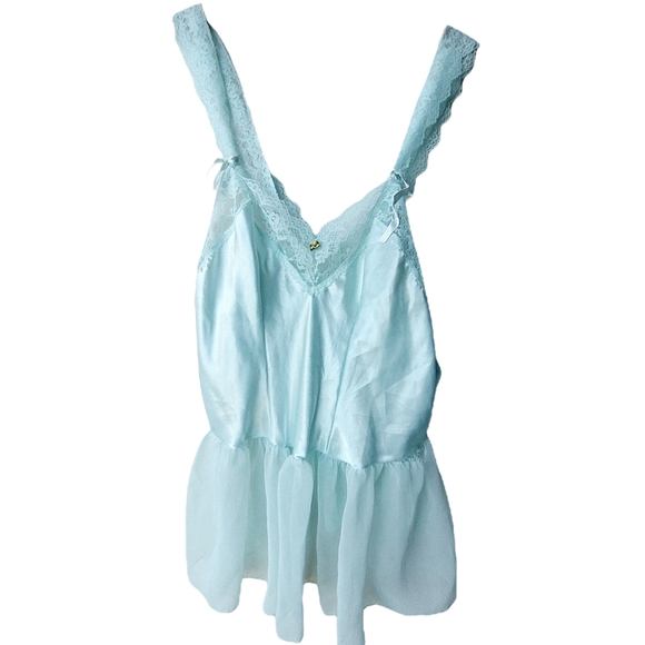 70's Vintage | Pastel Blue Lace Cami with Pleated Peplum Hem | Size Large - Picture 2 of 5